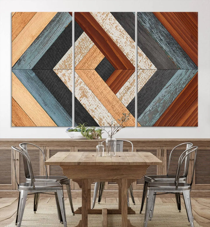 Above the blue sofa hangs the Geometric Wood Art Wall Decor Canvas Print, Rustic Wooden Pattern Triptych Wall Art for Living Room – Ready to Hang. This piece adds rustic charm to the space with its unique wall decor.