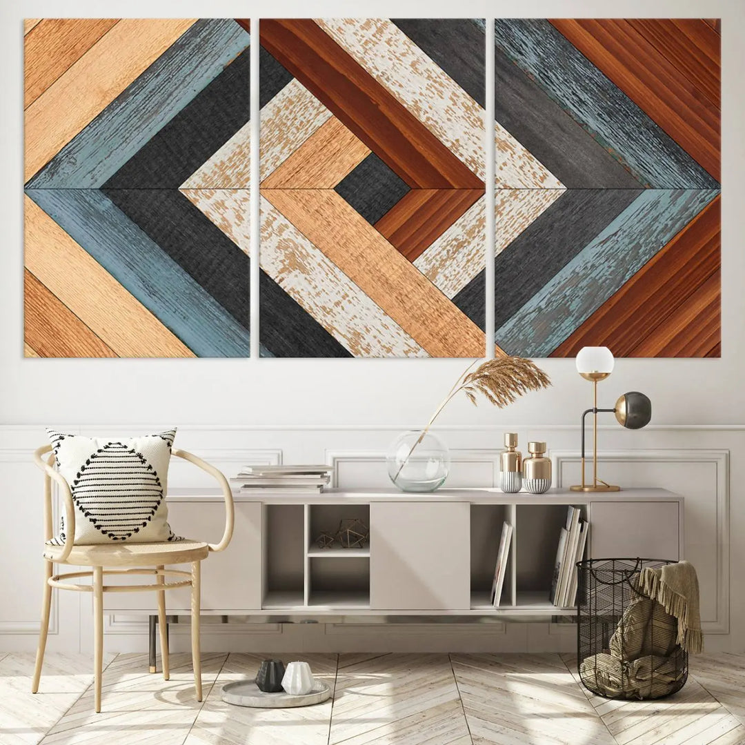 Above the blue sofa hangs the Geometric Wood Art Wall Decor Canvas Print, Rustic Wooden Pattern Triptych Wall Art for Living Room – Ready to Hang. This piece adds rustic charm to the space with its unique wall decor.