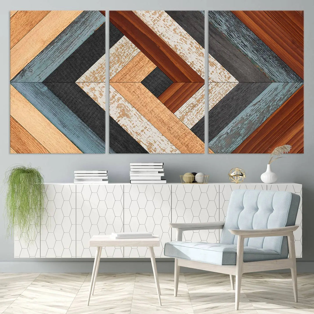 Above the blue sofa hangs the Geometric Wood Art Wall Decor Canvas Print, Rustic Wooden Pattern Triptych Wall Art for Living Room – Ready to Hang. This piece adds rustic charm to the space with its unique wall decor.