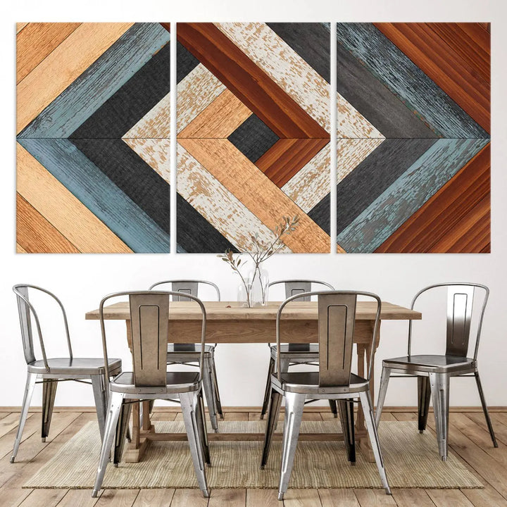 Above the blue sofa hangs the Geometric Wood Art Wall Decor Canvas Print, Rustic Wooden Pattern Triptych Wall Art for Living Room – Ready to Hang. This piece adds rustic charm to the space with its unique wall decor.