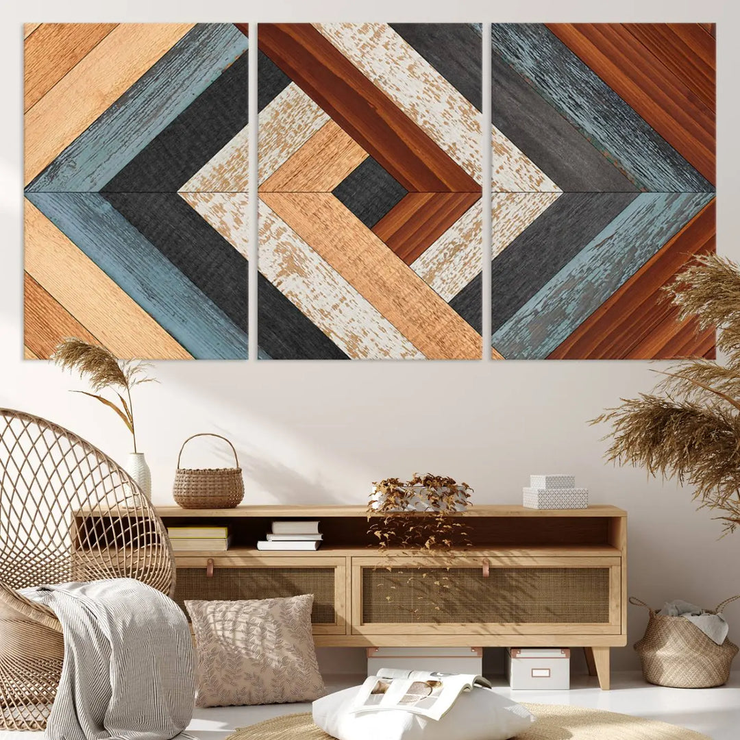 Above the blue sofa hangs the Geometric Wood Art Wall Decor Canvas Print, Rustic Wooden Pattern Triptych Wall Art for Living Room – Ready to Hang. This piece adds rustic charm to the space with its unique wall decor.