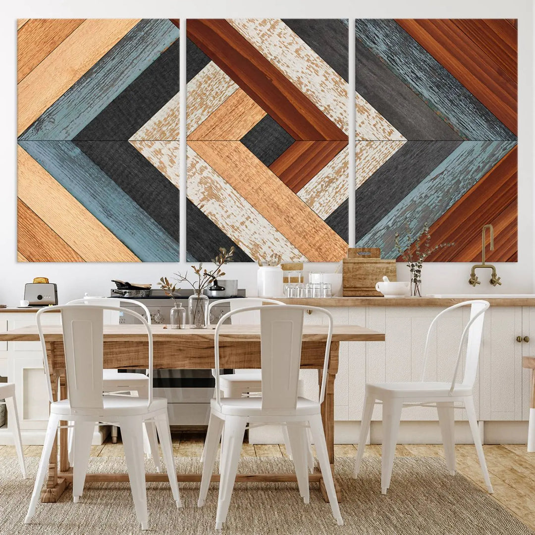 Above the blue sofa hangs the Geometric Wood Art Wall Decor Canvas Print, Rustic Wooden Pattern Triptych Wall Art for Living Room – Ready to Hang. This piece adds rustic charm to the space with its unique wall decor.