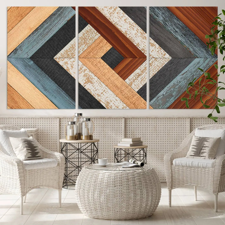 Above the blue sofa hangs the Geometric Wood Art Wall Decor Canvas Print, Rustic Wooden Pattern Triptych Wall Art for Living Room – Ready to Hang. This piece adds rustic charm to the space with its unique wall decor.