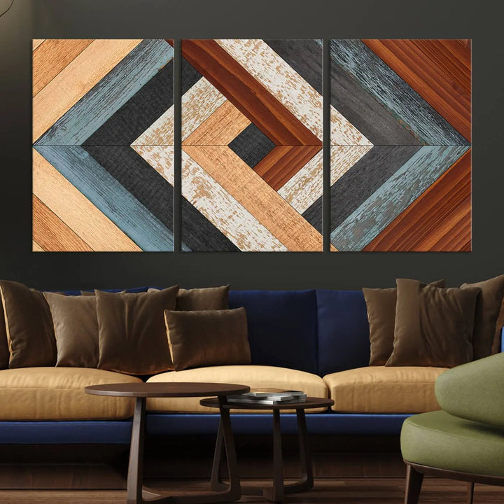 Above the blue sofa hangs the Geometric Wood Art Wall Decor Canvas Print, Rustic Wooden Pattern Triptych Wall Art for Living Room – Ready to Hang. This piece adds rustic charm to the space with its unique wall decor.