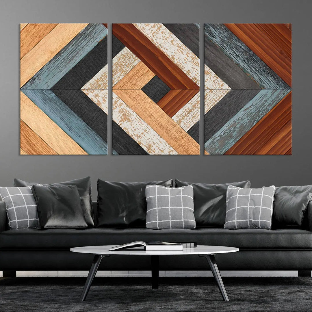 Above the blue sofa hangs the Geometric Wood Art Wall Decor Canvas Print, Rustic Wooden Pattern Triptych Wall Art for Living Room – Ready to Hang. This piece adds rustic charm to the space with its unique wall decor.