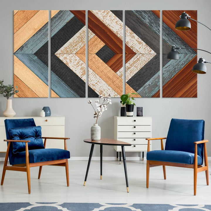 Above the blue sofa hangs the Geometric Wood Art Wall Decor Canvas Print, Rustic Wooden Pattern Triptych Wall Art for Living Room – Ready to Hang. This piece adds rustic charm to the space with its unique wall decor.