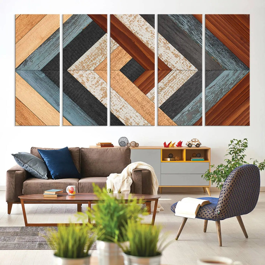 Above the blue sofa hangs the Geometric Wood Art Wall Decor Canvas Print, Rustic Wooden Pattern Triptych Wall Art for Living Room – Ready to Hang. This piece adds rustic charm to the space with its unique wall decor.