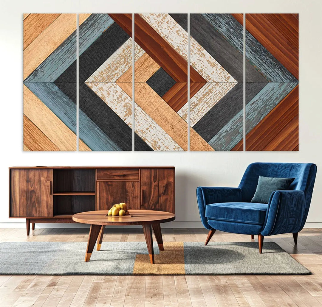 Above the blue sofa hangs the Geometric Wood Art Wall Decor Canvas Print, Rustic Wooden Pattern Triptych Wall Art for Living Room – Ready to Hang. This piece adds rustic charm to the space with its unique wall decor.