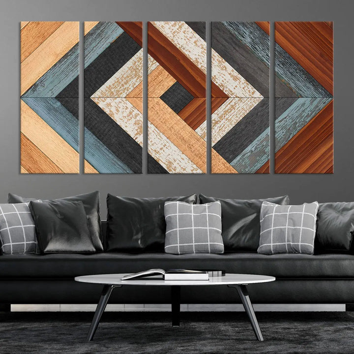 Above the blue sofa hangs the Geometric Wood Art Wall Decor Canvas Print, Rustic Wooden Pattern Triptych Wall Art for Living Room – Ready to Hang. This piece adds rustic charm to the space with its unique wall decor.