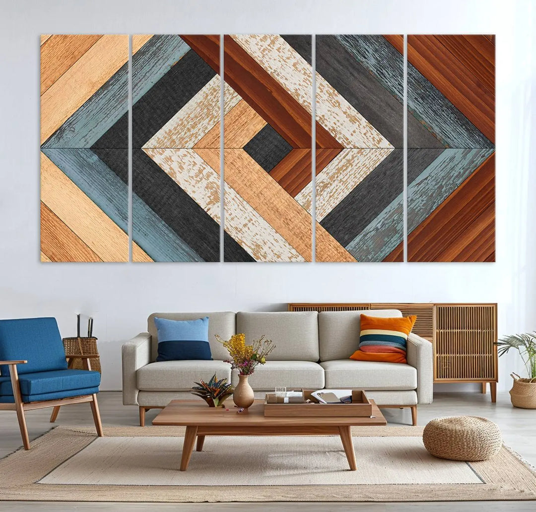 Above the blue sofa hangs the Geometric Wood Art Wall Decor Canvas Print, Rustic Wooden Pattern Triptych Wall Art for Living Room – Ready to Hang. This piece adds rustic charm to the space with its unique wall decor.