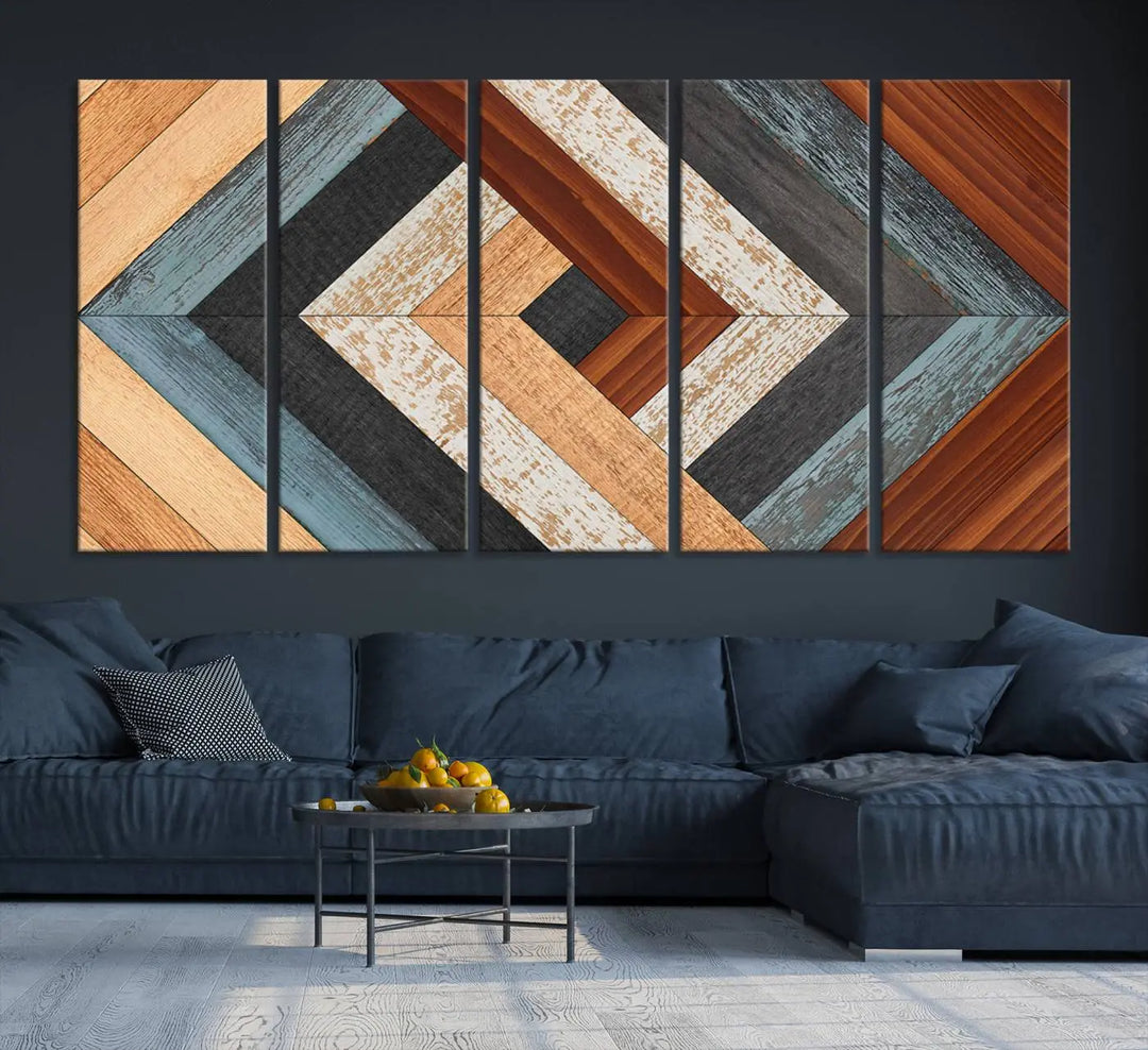 Above the blue sofa hangs the Geometric Wood Art Wall Decor Canvas Print, Rustic Wooden Pattern Triptych Wall Art for Living Room – Ready to Hang. This piece adds rustic charm to the space with its unique wall decor.