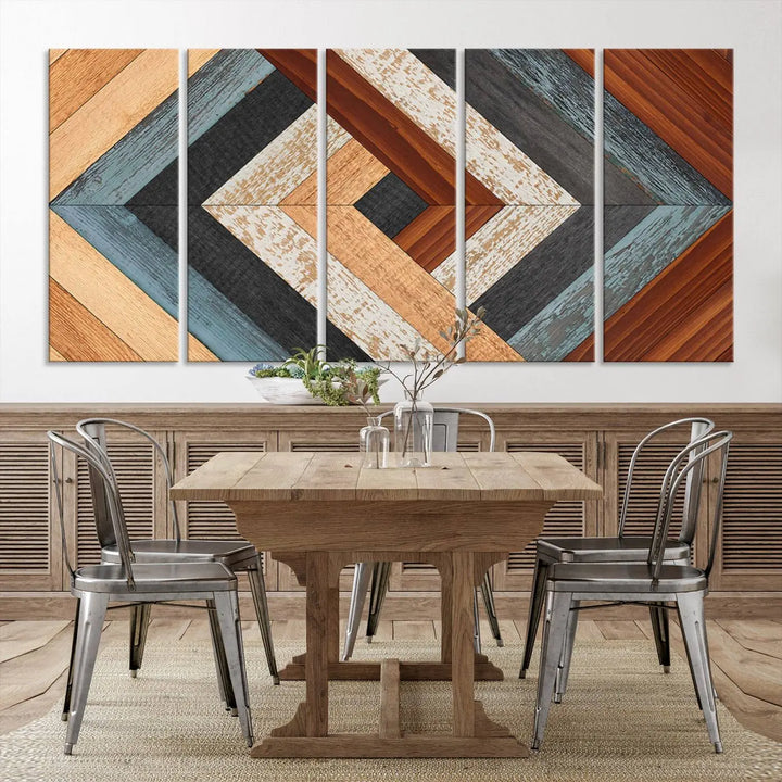 Above the blue sofa hangs the Geometric Wood Art Wall Decor Canvas Print, Rustic Wooden Pattern Triptych Wall Art for Living Room – Ready to Hang. This piece adds rustic charm to the space with its unique wall decor.