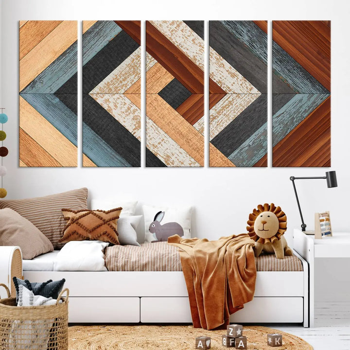 Above the blue sofa hangs the Geometric Wood Art Wall Decor Canvas Print, Rustic Wooden Pattern Triptych Wall Art for Living Room – Ready to Hang. This piece adds rustic charm to the space with its unique wall decor.