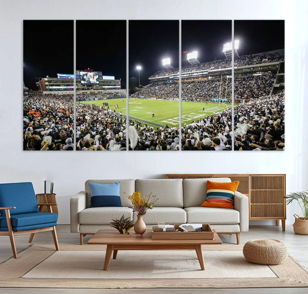 Showcased as premium wall art, this gallery-quality canvas features a print of the Georgia Tech Yellow Jackets Football Team at Atlanta's Bobby Dodd Stadium during a crowded, illuminated night game.