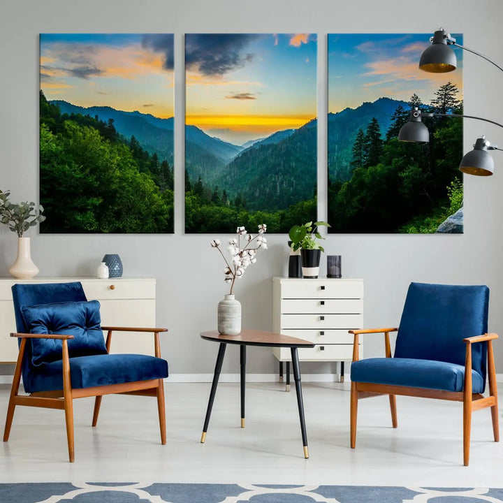 The modern living room features the Glamorous Landscape Canvas Wall Art Forest Canvas Print, a triptych mountain landscape artwork printed on museum-quality canvas and enhanced with a UV-protective coating, making it ready to hang.