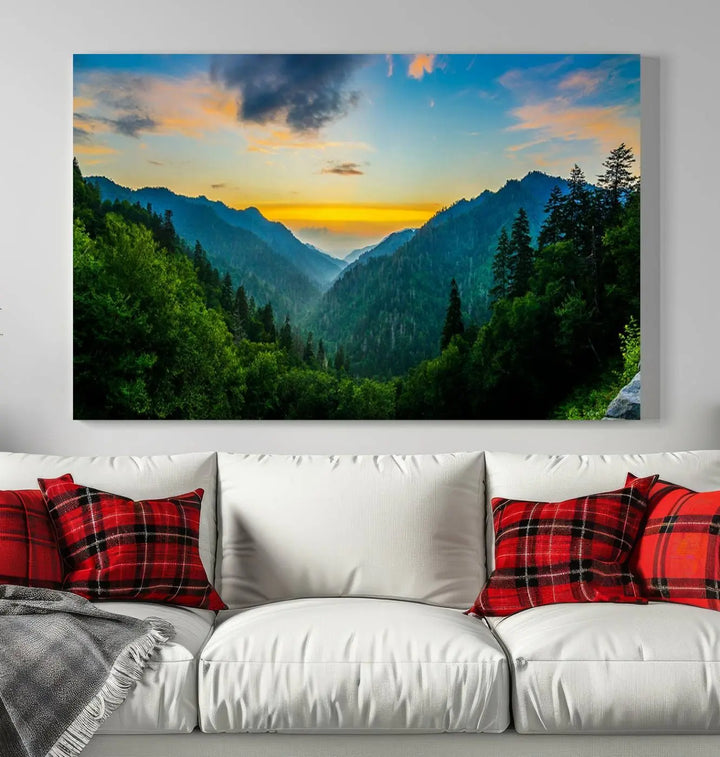 The modern living room features the Glamorous Landscape Canvas Wall Art Forest Canvas Print, a triptych mountain landscape artwork printed on museum-quality canvas and enhanced with a UV-protective coating, making it ready to hang.