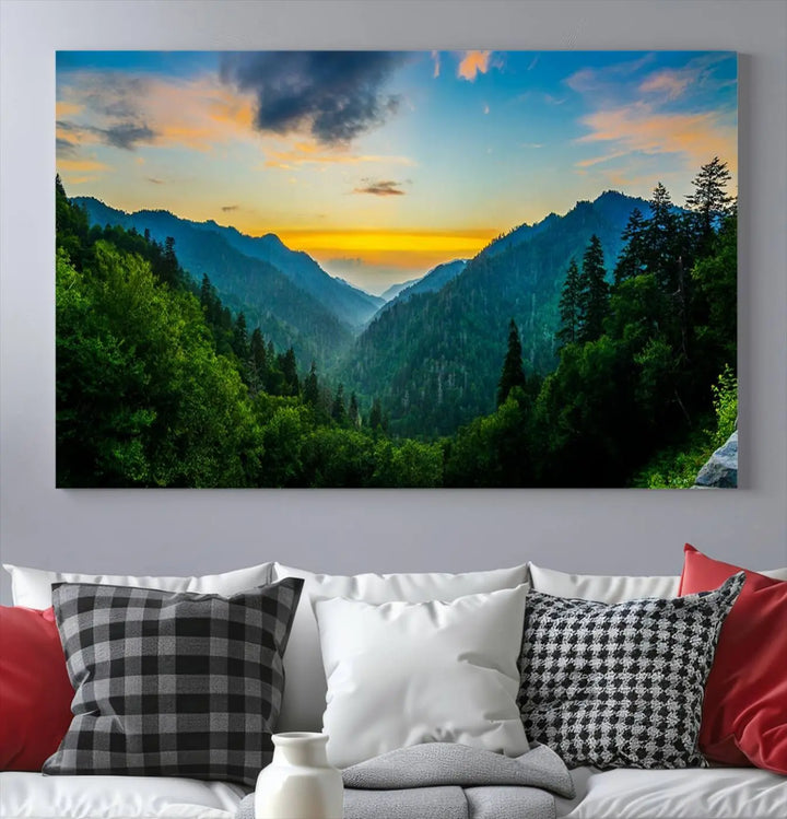 The modern living room features the Glamorous Landscape Canvas Wall Art Forest Canvas Print, a triptych mountain landscape artwork printed on museum-quality canvas and enhanced with a UV-protective coating, making it ready to hang.