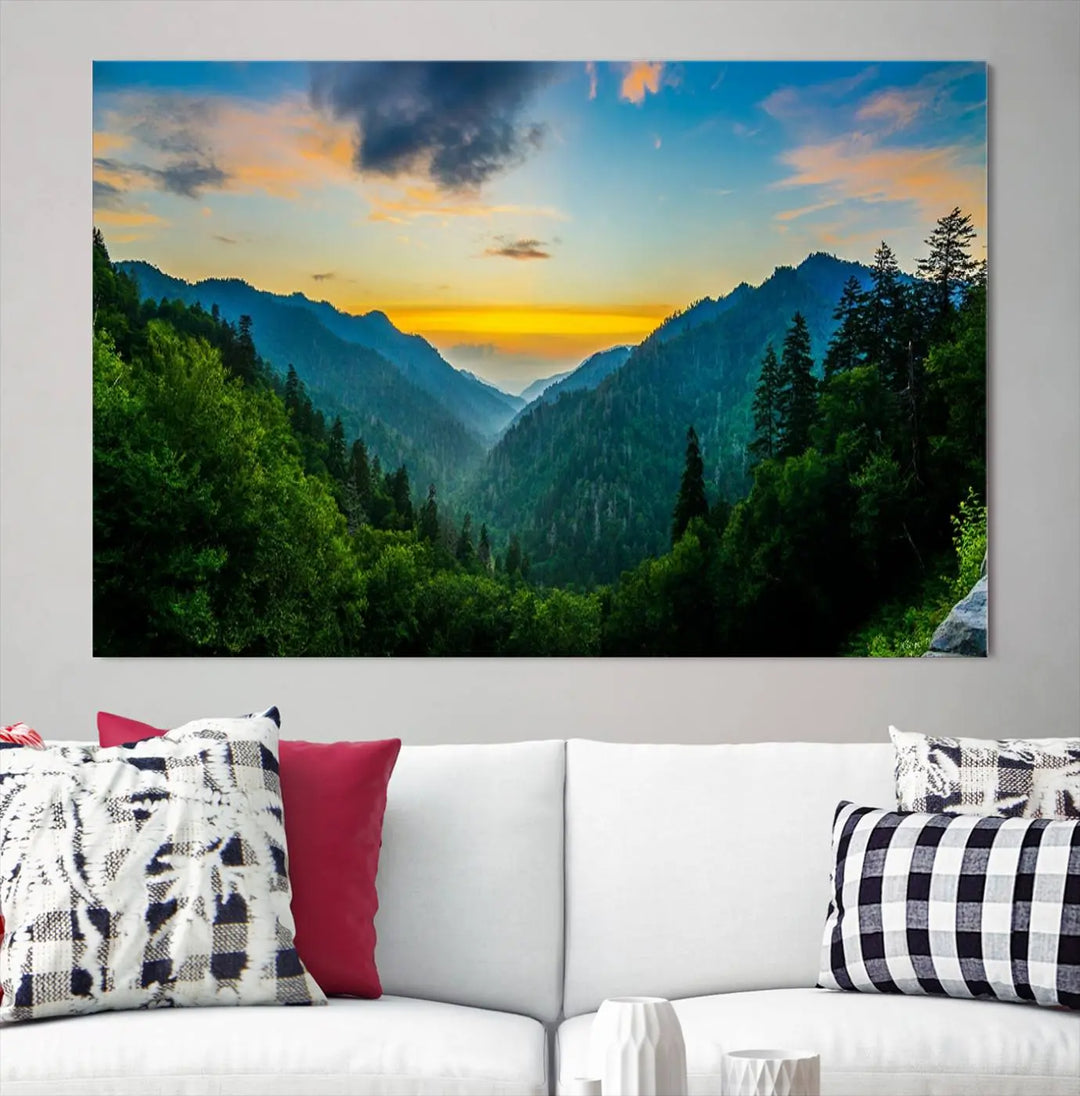 The modern living room features the Glamorous Landscape Canvas Wall Art Forest Canvas Print, a triptych mountain landscape artwork printed on museum-quality canvas and enhanced with a UV-protective coating, making it ready to hang.