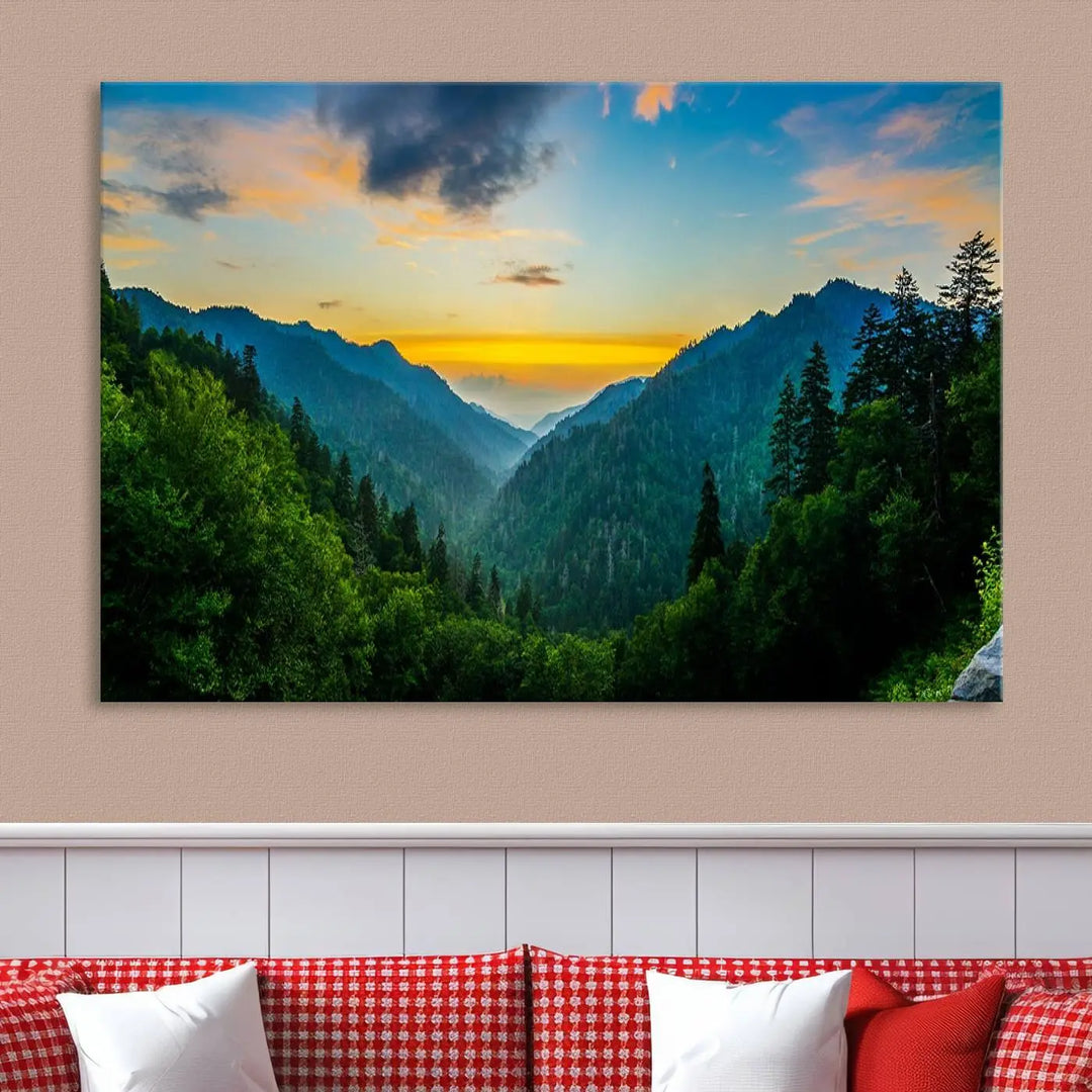 The modern living room features the Glamorous Landscape Canvas Wall Art Forest Canvas Print, a triptych mountain landscape artwork printed on museum-quality canvas and enhanced with a UV-protective coating, making it ready to hang.