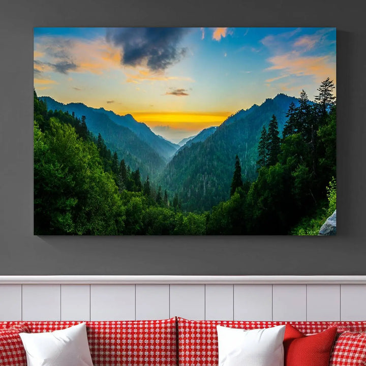 The modern living room features the Glamorous Landscape Canvas Wall Art Forest Canvas Print, a triptych mountain landscape artwork printed on museum-quality canvas and enhanced with a UV-protective coating, making it ready to hang.