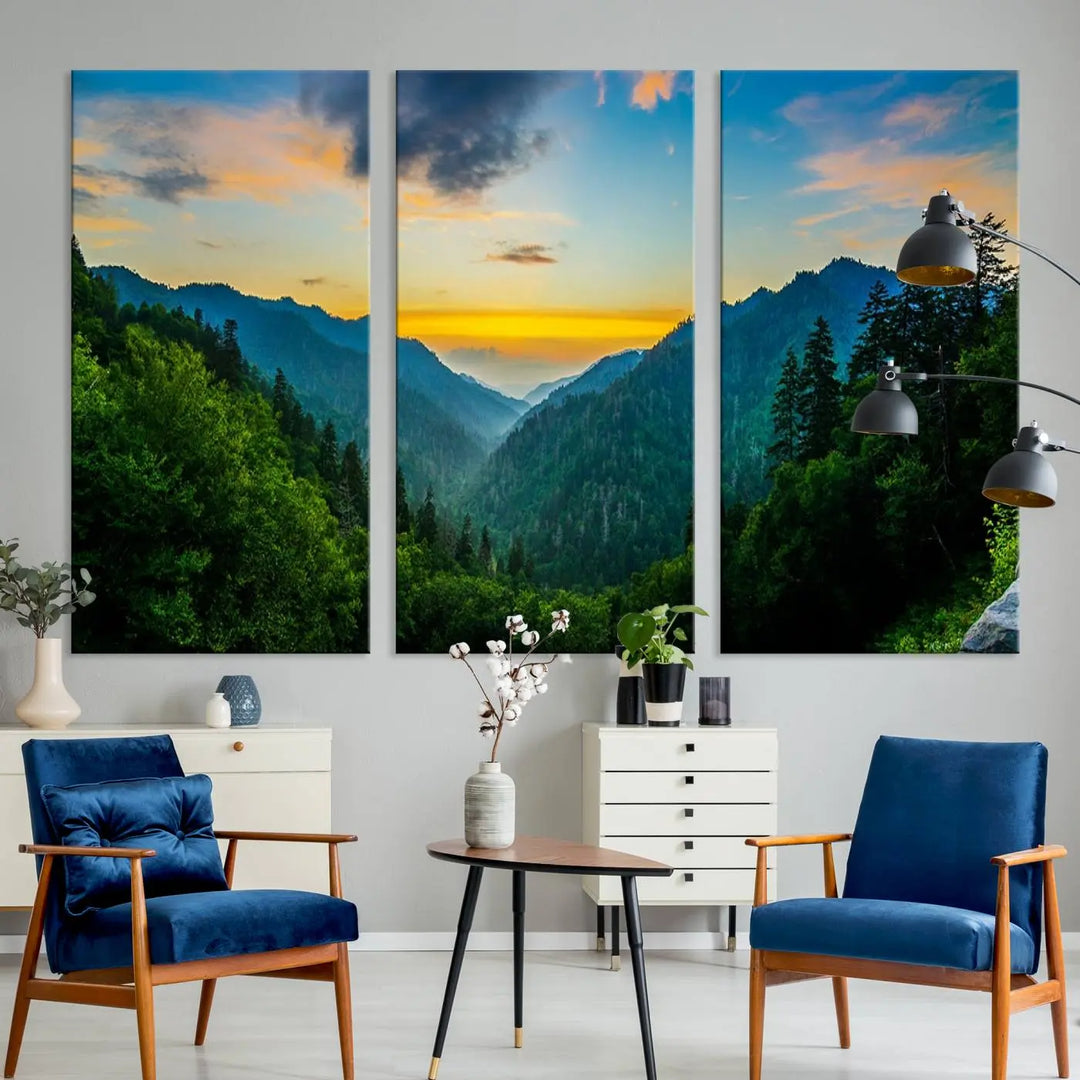 The modern living room features the Glamorous Landscape Canvas Wall Art Forest Canvas Print, a triptych mountain landscape artwork printed on museum-quality canvas and enhanced with a UV-protective coating, making it ready to hang.