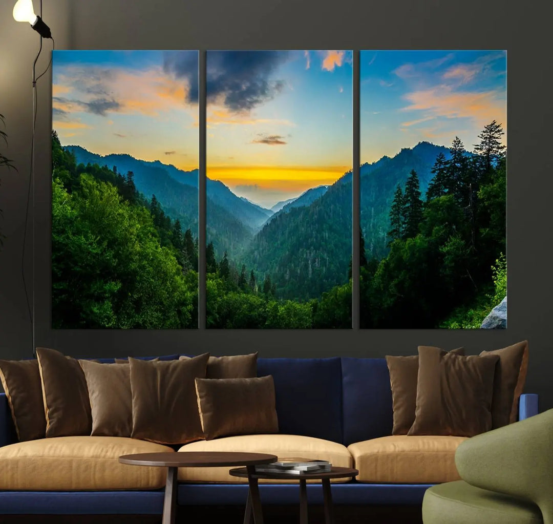 The modern living room features the Glamorous Landscape Canvas Wall Art Forest Canvas Print, a triptych mountain landscape artwork printed on museum-quality canvas and enhanced with a UV-protective coating, making it ready to hang.