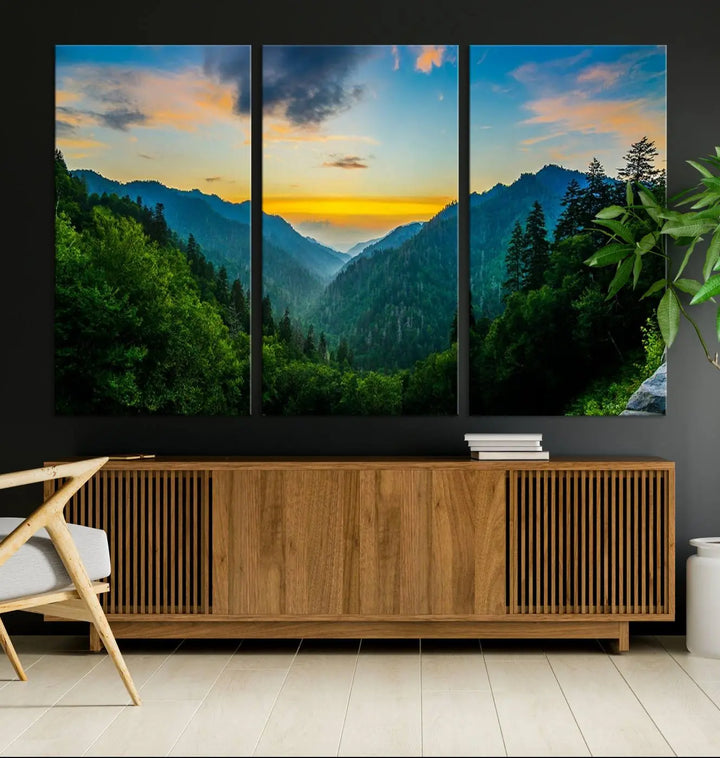 The modern living room features the Glamorous Landscape Canvas Wall Art Forest Canvas Print, a triptych mountain landscape artwork printed on museum-quality canvas and enhanced with a UV-protective coating, making it ready to hang.