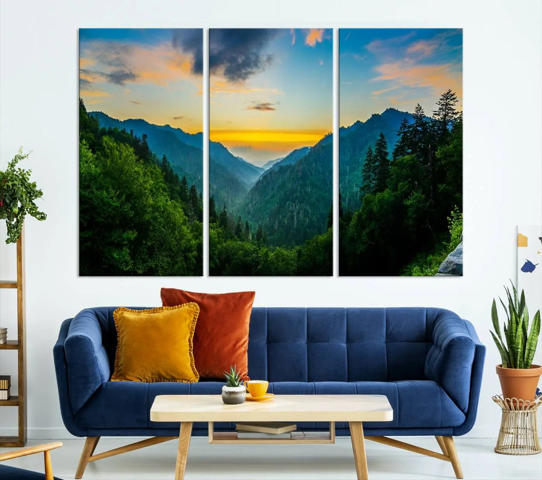 The modern living room features the Glamorous Landscape Canvas Wall Art Forest Canvas Print, a triptych mountain landscape artwork printed on museum-quality canvas and enhanced with a UV-protective coating, making it ready to hang.