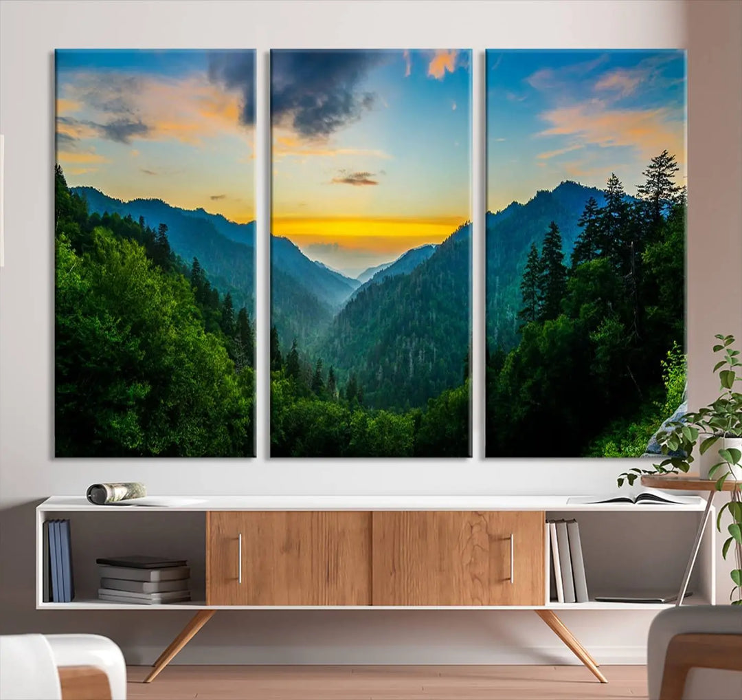 The modern living room features the Glamorous Landscape Canvas Wall Art Forest Canvas Print, a triptych mountain landscape artwork printed on museum-quality canvas and enhanced with a UV-protective coating, making it ready to hang.