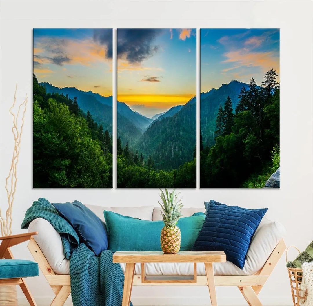 The modern living room features the Glamorous Landscape Canvas Wall Art Forest Canvas Print, a triptych mountain landscape artwork printed on museum-quality canvas and enhanced with a UV-protective coating, making it ready to hang.