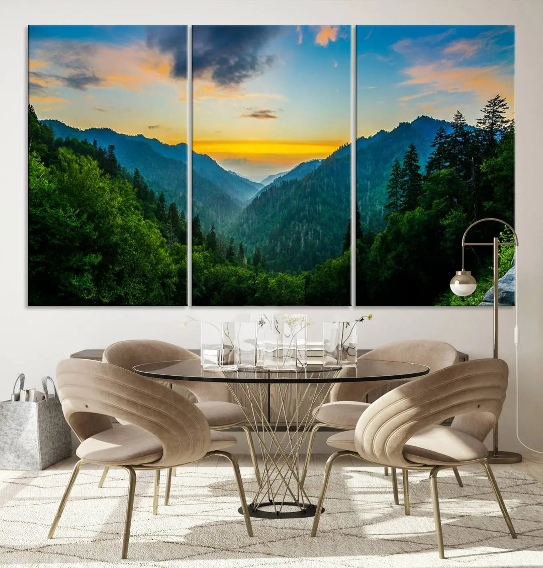 The modern living room features the Glamorous Landscape Canvas Wall Art Forest Canvas Print, a triptych mountain landscape artwork printed on museum-quality canvas and enhanced with a UV-protective coating, making it ready to hang.