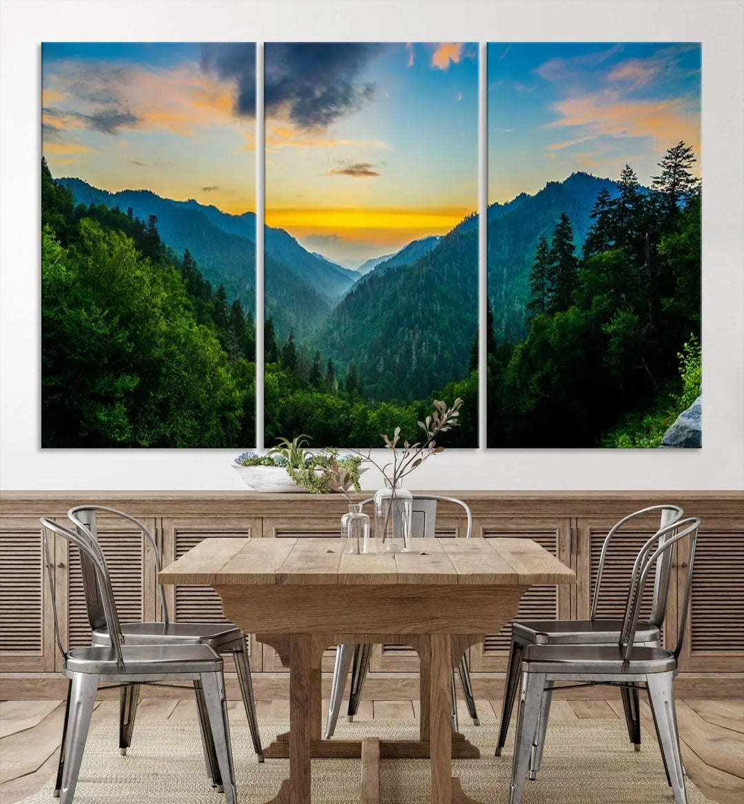 The modern living room features the Glamorous Landscape Canvas Wall Art Forest Canvas Print, a triptych mountain landscape artwork printed on museum-quality canvas and enhanced with a UV-protective coating, making it ready to hang.