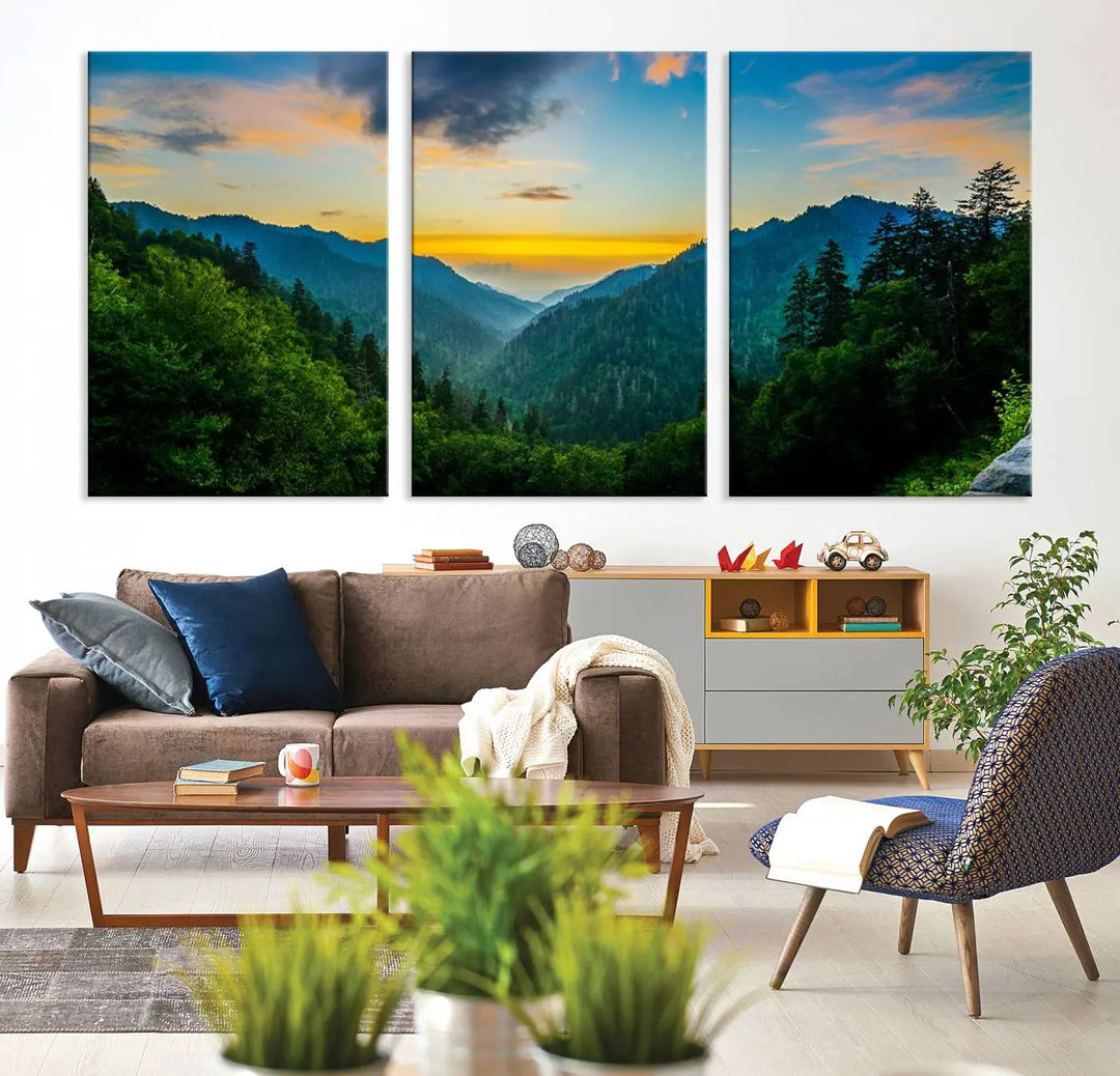 The modern living room features the Glamorous Landscape Canvas Wall Art Forest Canvas Print, a triptych mountain landscape artwork printed on museum-quality canvas and enhanced with a UV-protective coating, making it ready to hang.