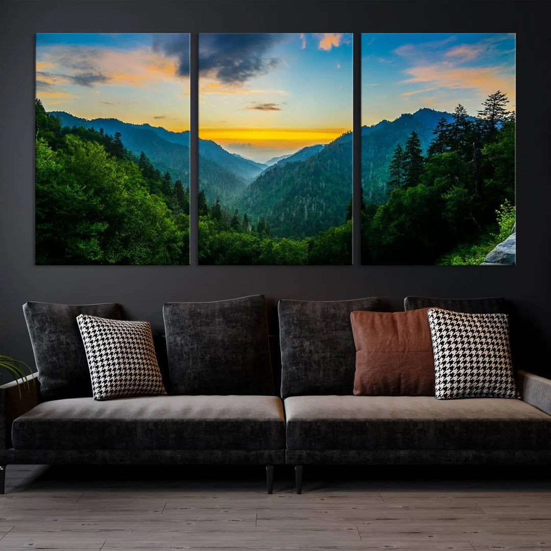 The modern living room features the Glamorous Landscape Canvas Wall Art Forest Canvas Print, a triptych mountain landscape artwork printed on museum-quality canvas and enhanced with a UV-protective coating, making it ready to hang.