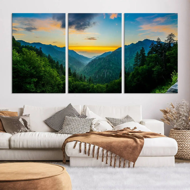 The modern living room features the Glamorous Landscape Canvas Wall Art Forest Canvas Print, a triptych mountain landscape artwork printed on museum-quality canvas and enhanced with a UV-protective coating, making it ready to hang.