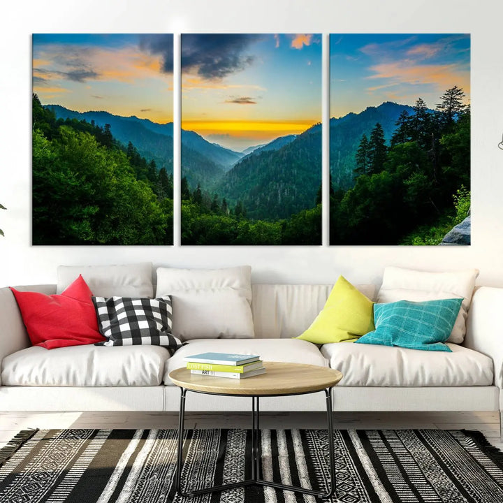 The modern living room features the Glamorous Landscape Canvas Wall Art Forest Canvas Print, a triptych mountain landscape artwork printed on museum-quality canvas and enhanced with a UV-protective coating, making it ready to hang.