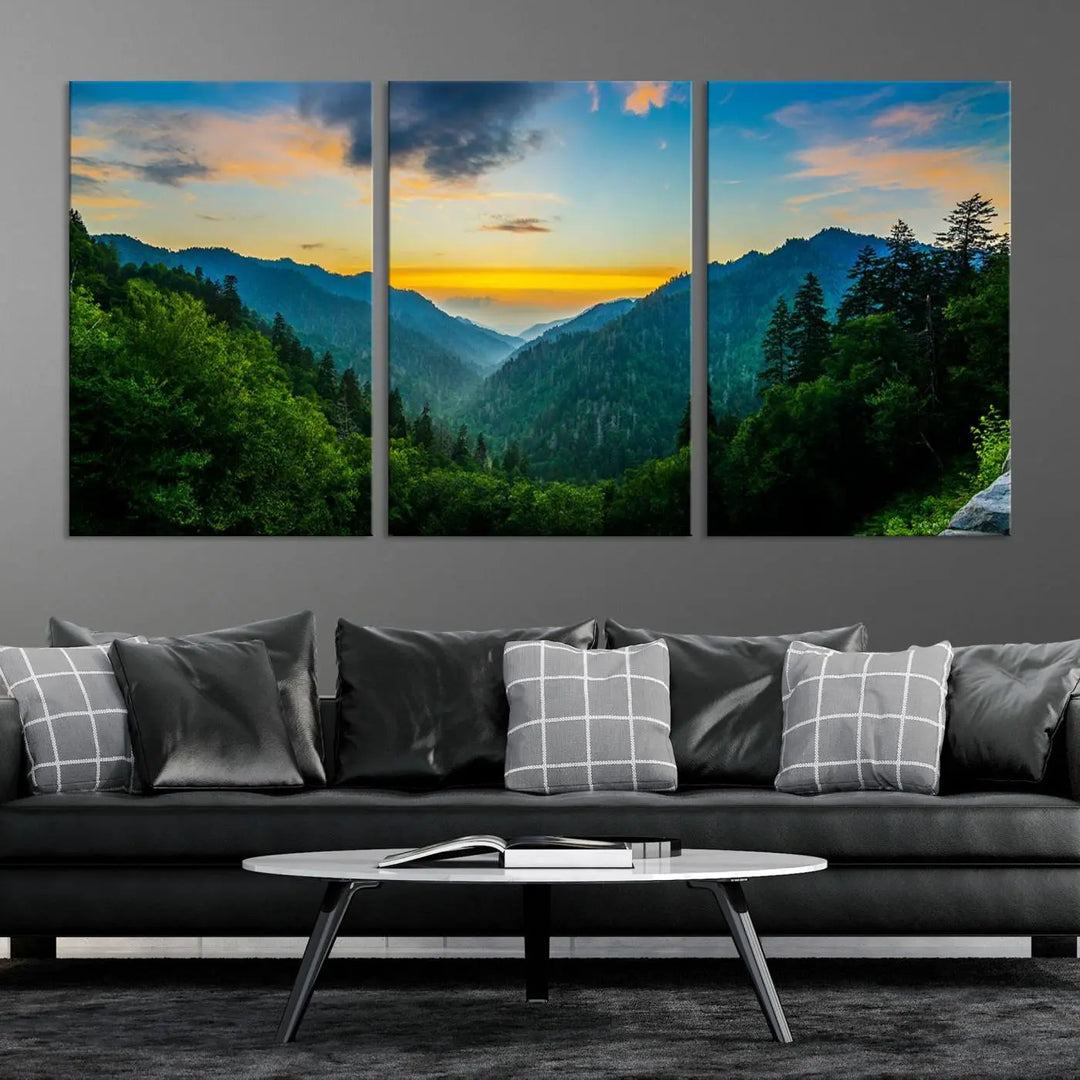 The modern living room features the Glamorous Landscape Canvas Wall Art Forest Canvas Print, a triptych mountain landscape artwork printed on museum-quality canvas and enhanced with a UV-protective coating, making it ready to hang.