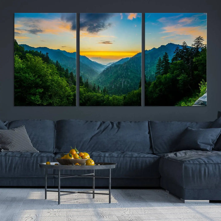 The modern living room features the Glamorous Landscape Canvas Wall Art Forest Canvas Print, a triptych mountain landscape artwork printed on museum-quality canvas and enhanced with a UV-protective coating, making it ready to hang.