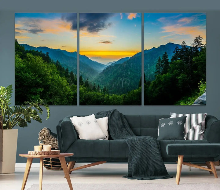 The modern living room features the Glamorous Landscape Canvas Wall Art Forest Canvas Print, a triptych mountain landscape artwork printed on museum-quality canvas and enhanced with a UV-protective coating, making it ready to hang.