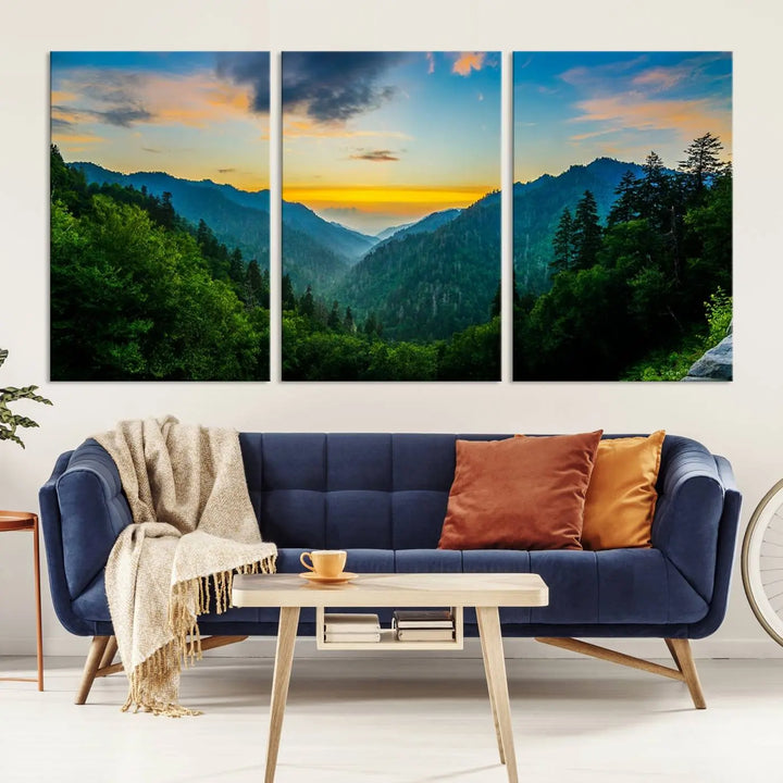 The modern living room features the Glamorous Landscape Canvas Wall Art Forest Canvas Print, a triptych mountain landscape artwork printed on museum-quality canvas and enhanced with a UV-protective coating, making it ready to hang.