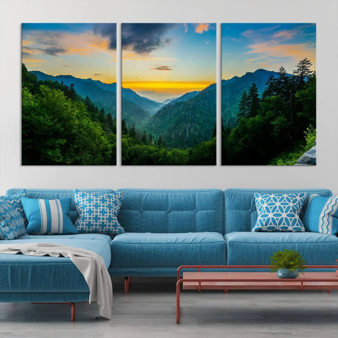 The modern living room features the Glamorous Landscape Canvas Wall Art Forest Canvas Print, a triptych mountain landscape artwork printed on museum-quality canvas and enhanced with a UV-protective coating, making it ready to hang.