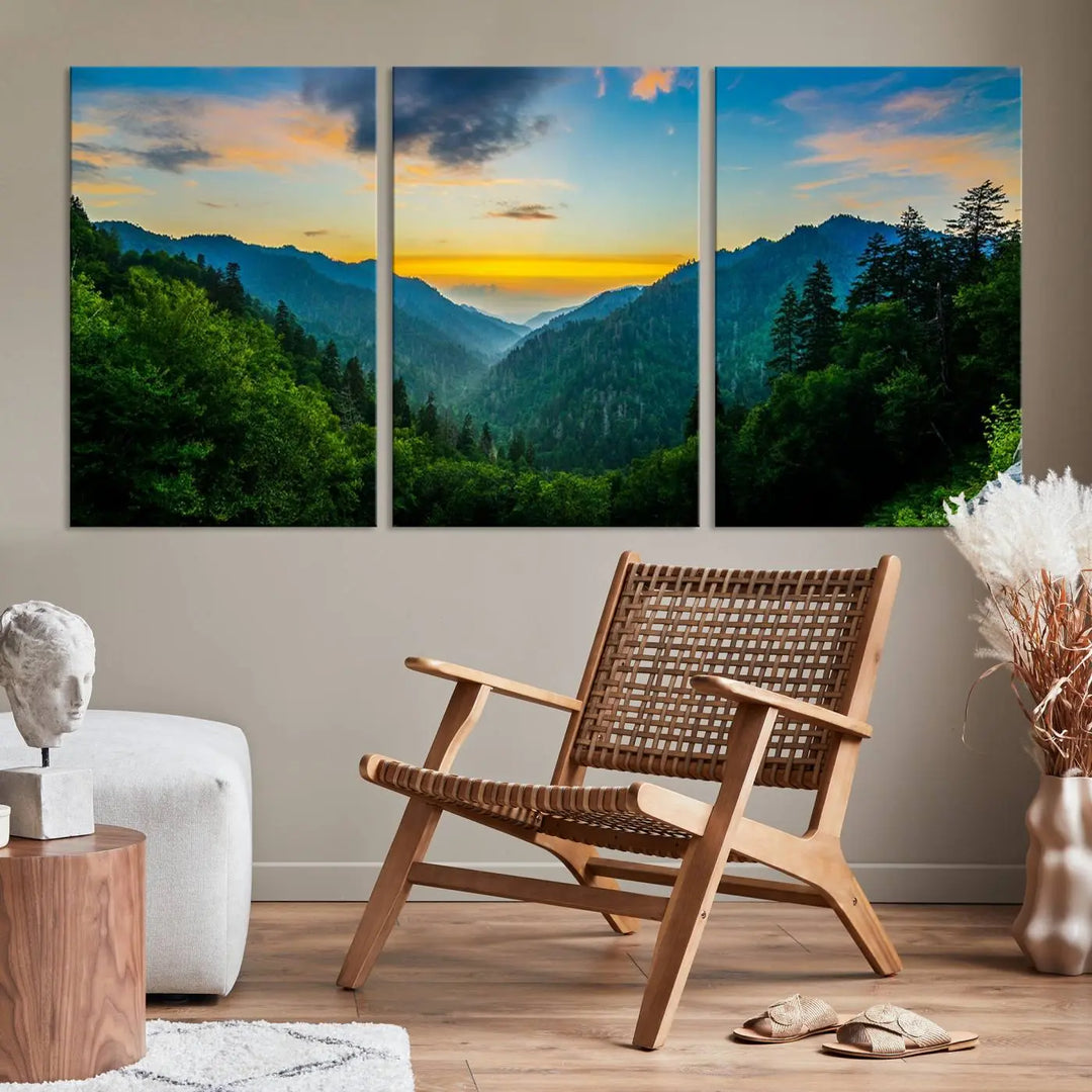 The modern living room features the Glamorous Landscape Canvas Wall Art Forest Canvas Print, a triptych mountain landscape artwork printed on museum-quality canvas and enhanced with a UV-protective coating, making it ready to hang.