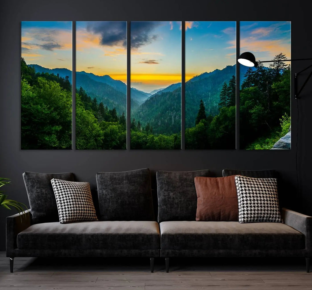 The modern living room features the Glamorous Landscape Canvas Wall Art Forest Canvas Print, a triptych mountain landscape artwork printed on museum-quality canvas and enhanced with a UV-protective coating, making it ready to hang.