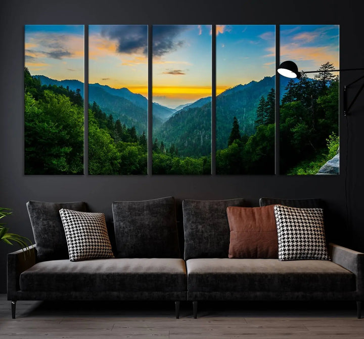 The modern living room features the Glamorous Landscape Canvas Wall Art Forest Canvas Print, a triptych mountain landscape artwork printed on museum-quality canvas and enhanced with a UV-protective coating, making it ready to hang.