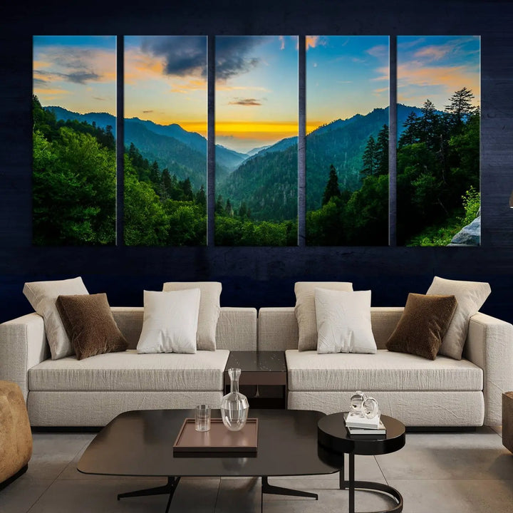 The modern living room features the Glamorous Landscape Canvas Wall Art Forest Canvas Print, a triptych mountain landscape artwork printed on museum-quality canvas and enhanced with a UV-protective coating, making it ready to hang.