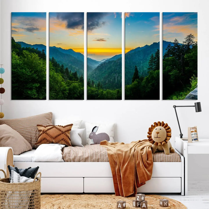 The modern living room features the Glamorous Landscape Canvas Wall Art Forest Canvas Print, a triptych mountain landscape artwork printed on museum-quality canvas and enhanced with a UV-protective coating, making it ready to hang.