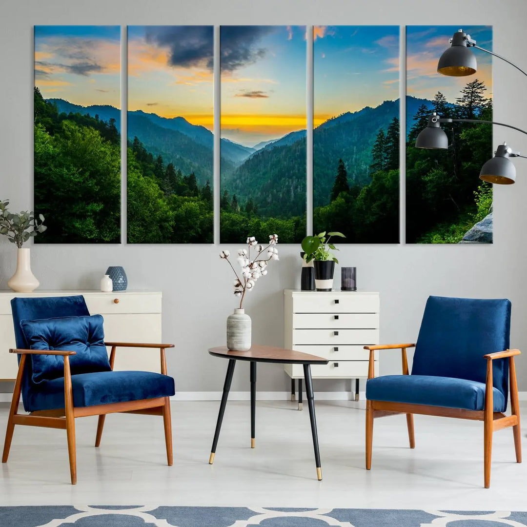 The modern living room features the Glamorous Landscape Canvas Wall Art Forest Canvas Print, a triptych mountain landscape artwork printed on museum-quality canvas and enhanced with a UV-protective coating, making it ready to hang.