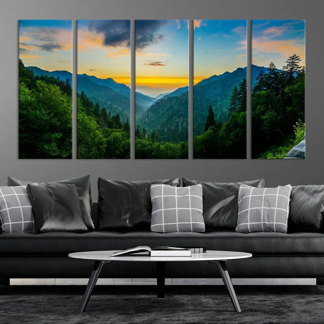 The modern living room features the Glamorous Landscape Canvas Wall Art Forest Canvas Print, a triptych mountain landscape artwork printed on museum-quality canvas and enhanced with a UV-protective coating, making it ready to hang.