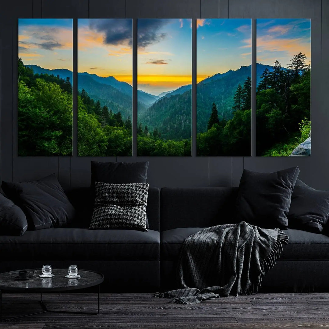 The modern living room features the Glamorous Landscape Canvas Wall Art Forest Canvas Print, a triptych mountain landscape artwork printed on museum-quality canvas and enhanced with a UV-protective coating, making it ready to hang.