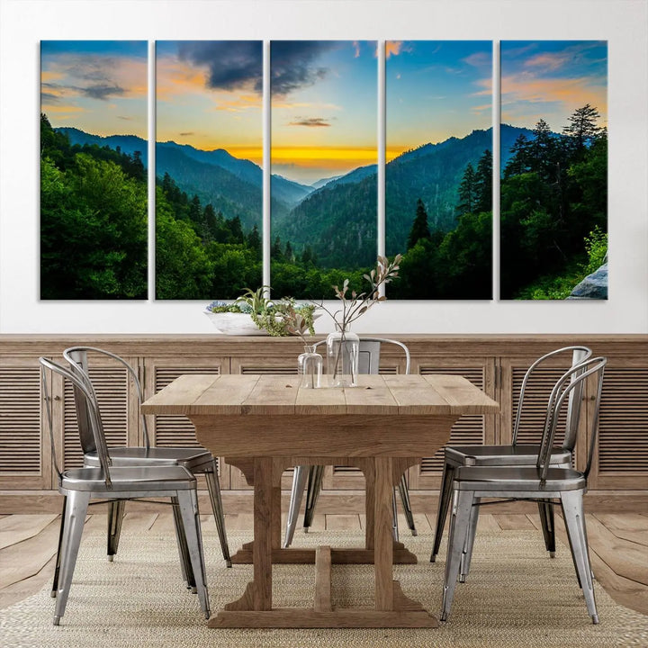 The modern living room features the Glamorous Landscape Canvas Wall Art Forest Canvas Print, a triptych mountain landscape artwork printed on museum-quality canvas and enhanced with a UV-protective coating, making it ready to hang.